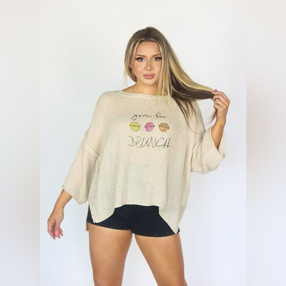 POL Oversize Open Knit Crochet Gone for Brunch Graphic Casual Comfy Sweater M - Picture 3 of 8